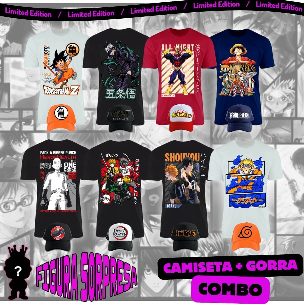 Combo Camiseta + Gorra Anime Obsequio Figura Sopresa