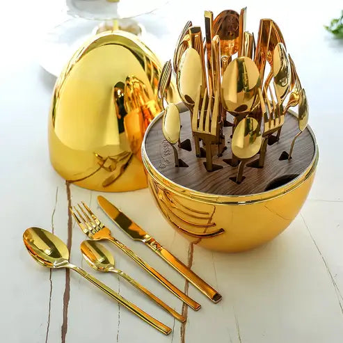 Set Cubiertos De 24 Piezas Acero Inoxidable Estuche Huevo Dorado