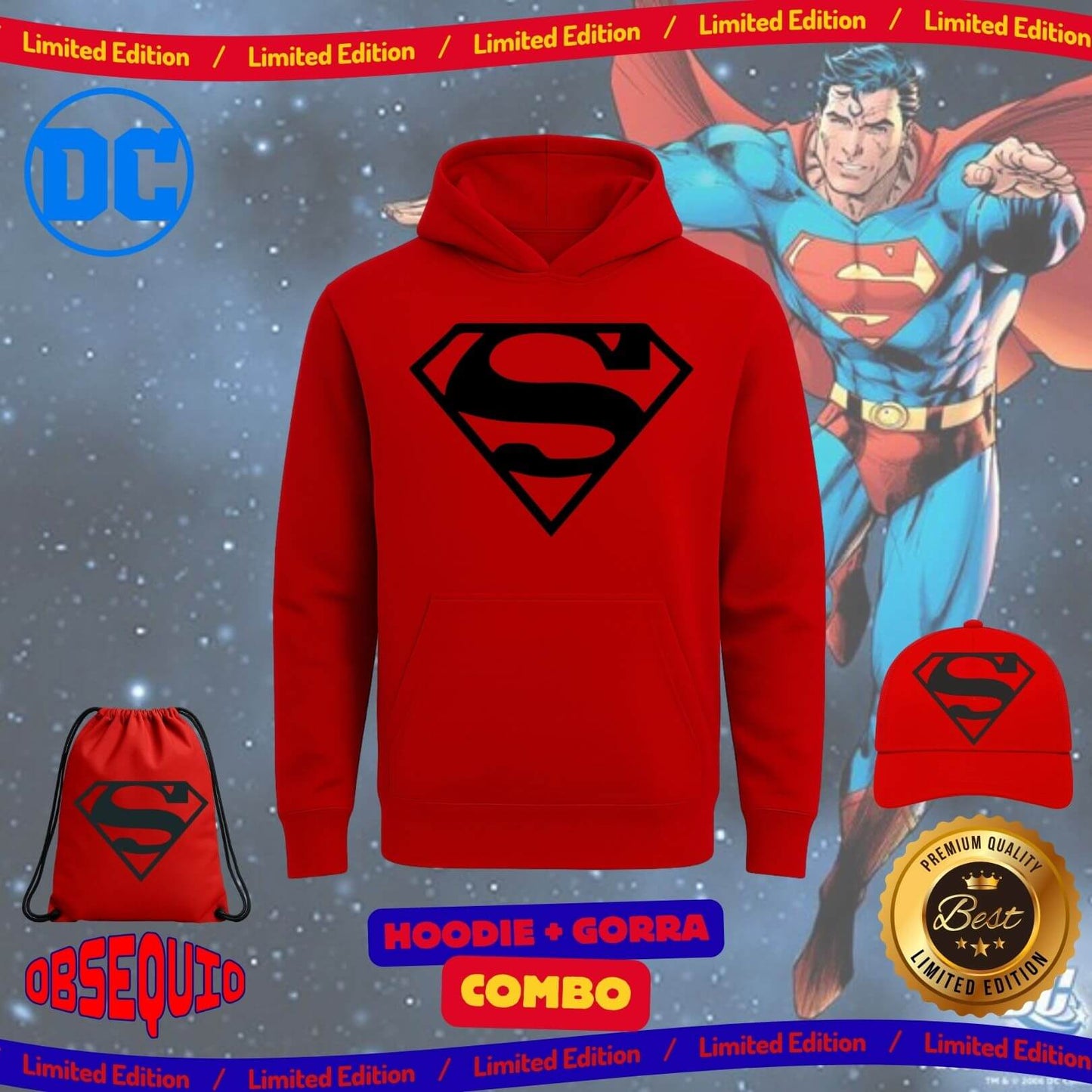 Combo Hoodie + Gorra Premiun Superman Obsequio Bag Tula Sport