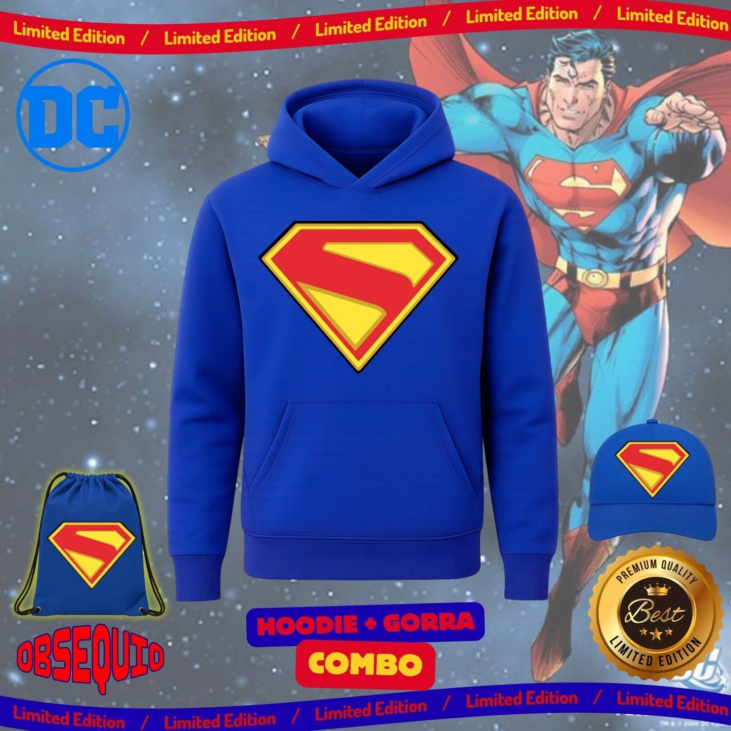 Combo Hoodie + Gorra Premiun Superman Obsequio Bag Tula Sport