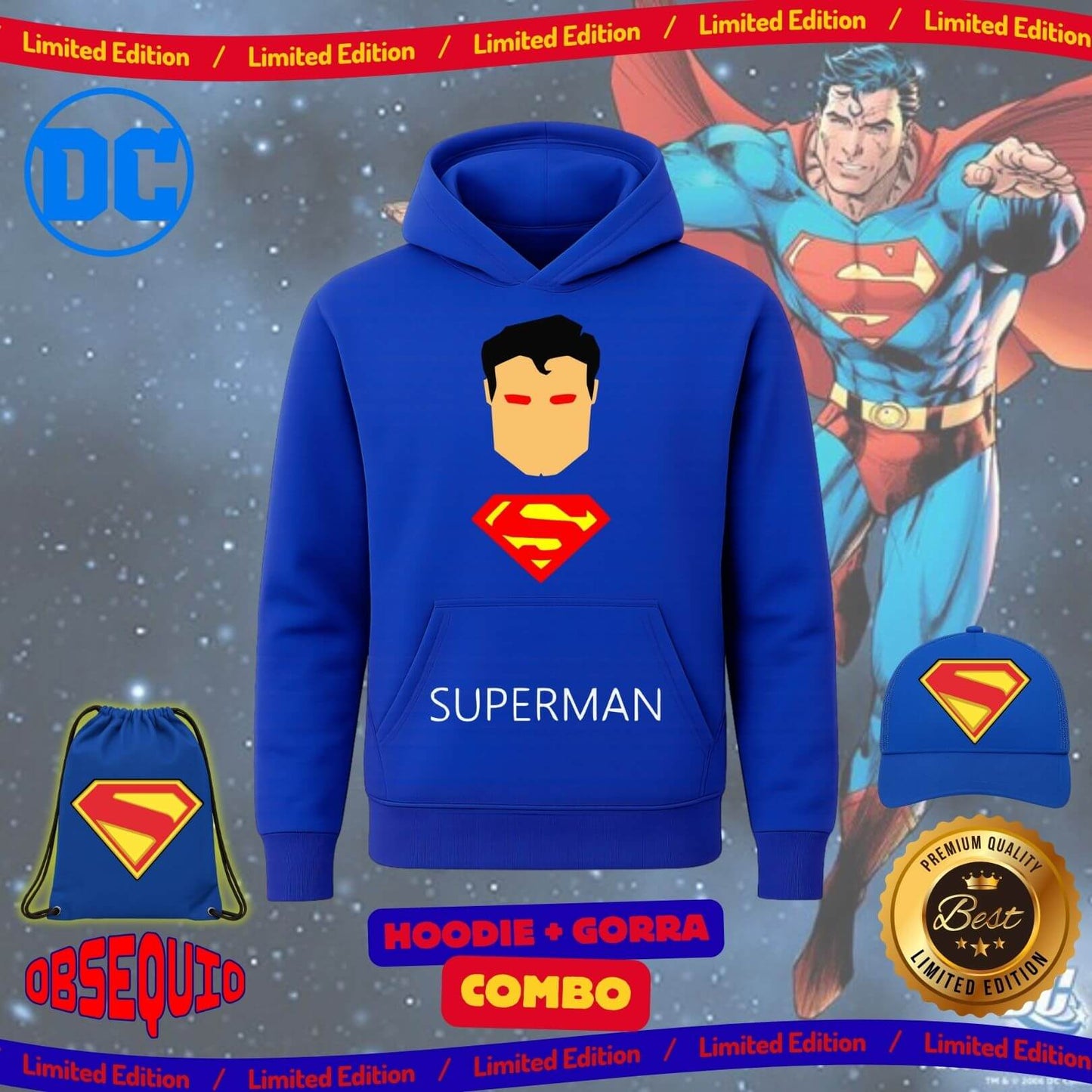 Combo Hoodie + Gorra Premiun Superman Obsequio Bag Tula Sport