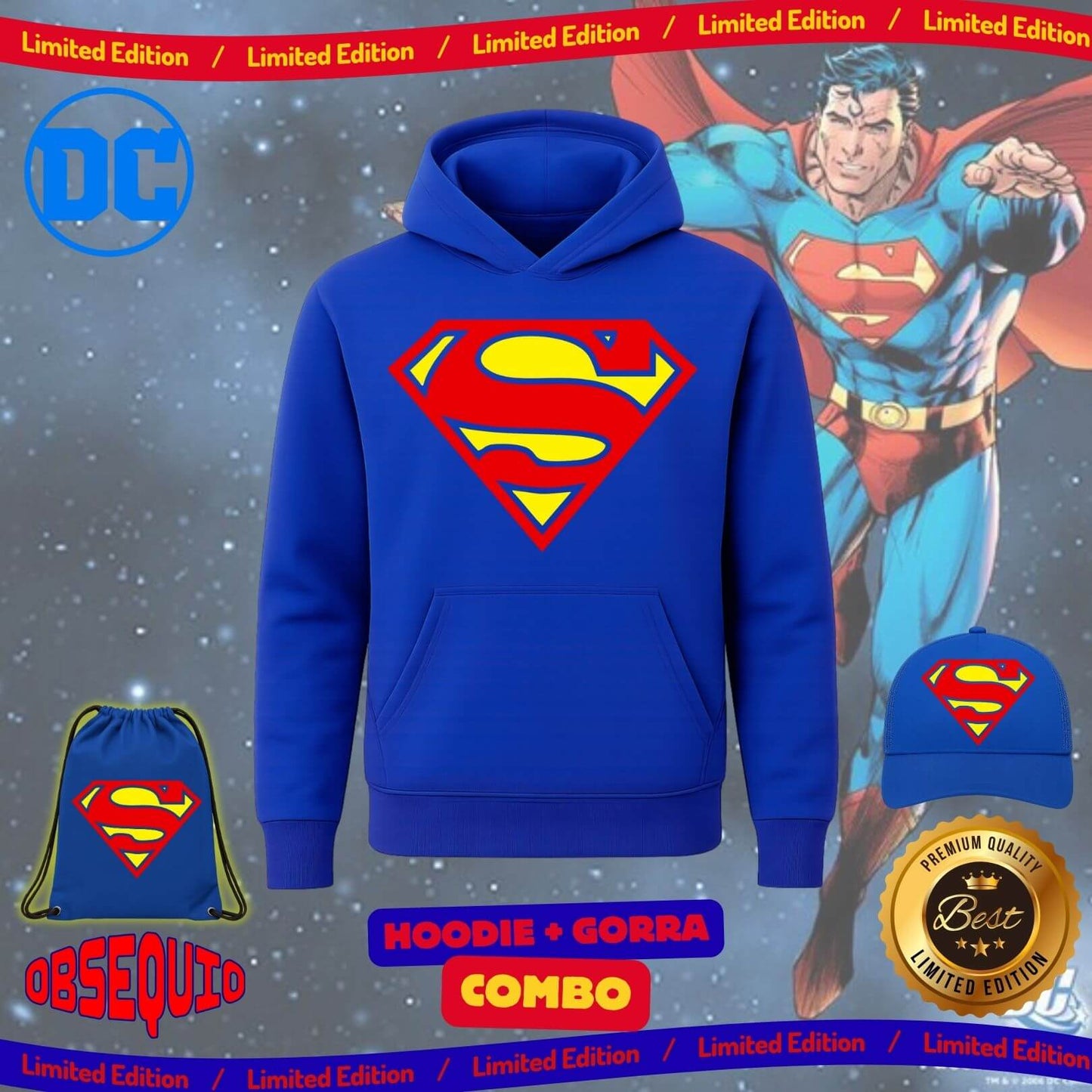 Combo Hoodie + Gorra Premiun Superman Obsequio Bag Tula Sport