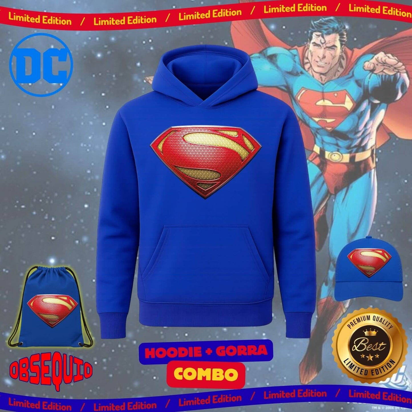 Combo Hoodie + Gorra Premiun Superman Obsequio Bag Tula Sport