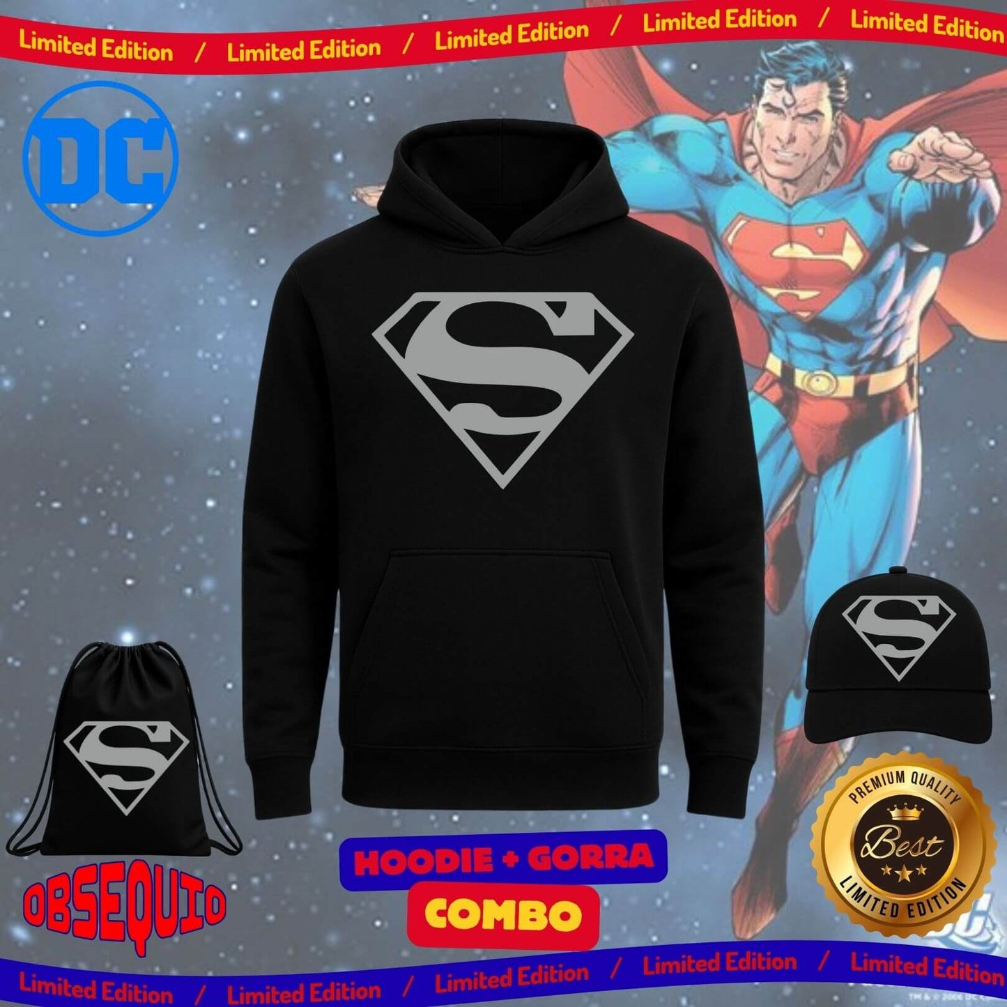 Combo Hoodie + Gorra Premiun Superman Obsequio Bag Tula Sport