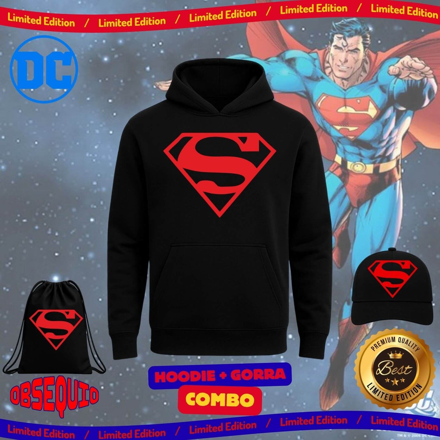 Combo Hoodie + Gorra Premiun Superman Obsequio Bag Tula Sport
