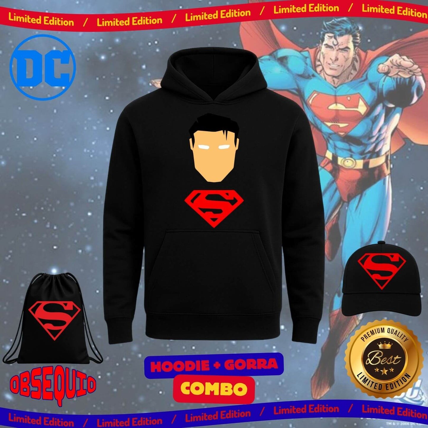 Combo Hoodie + Gorra Premiun Superman Obsequio Bag Tula Sport
