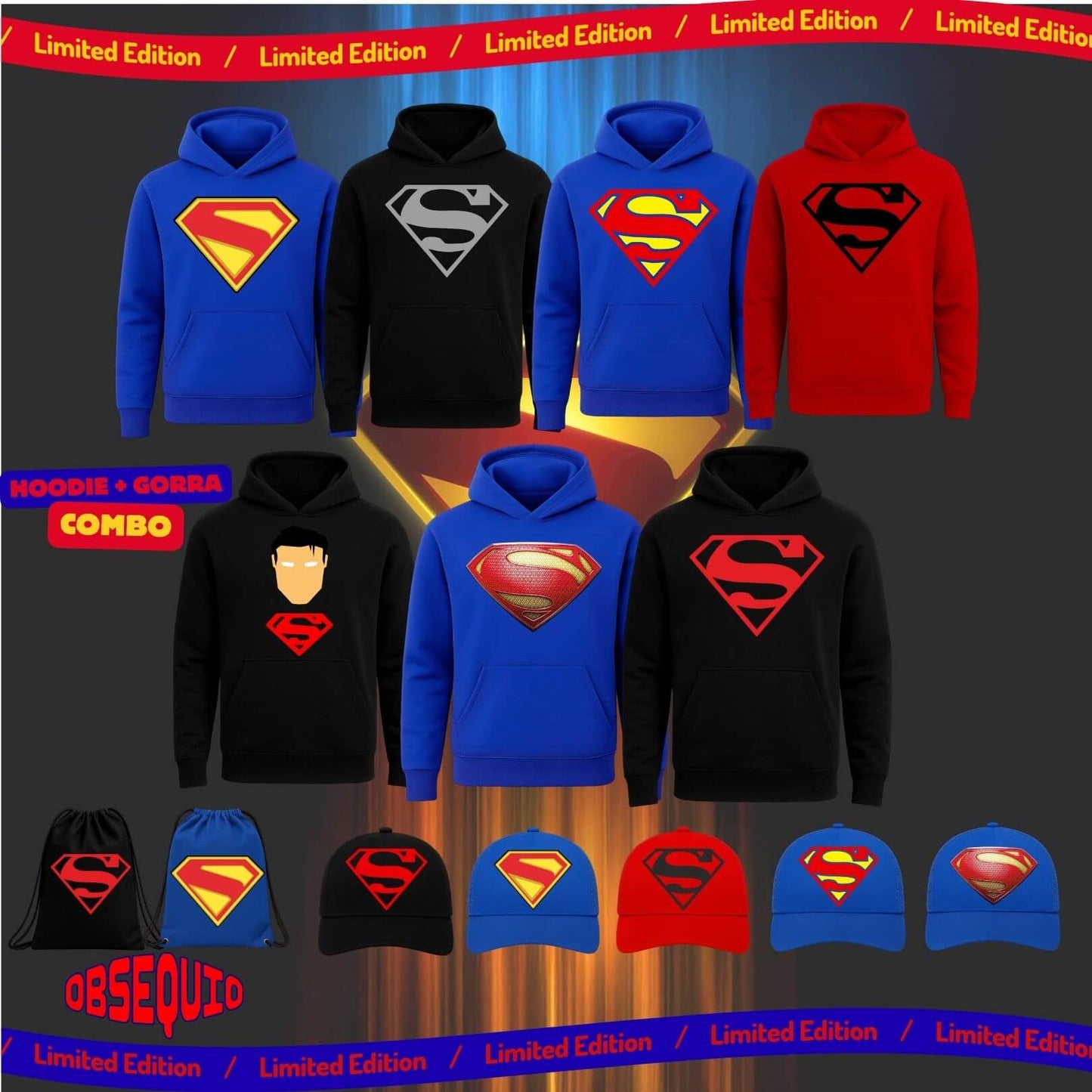 Combo Hoodie + Gorra Premiun Superman Obsequio Bag Tula Sport
